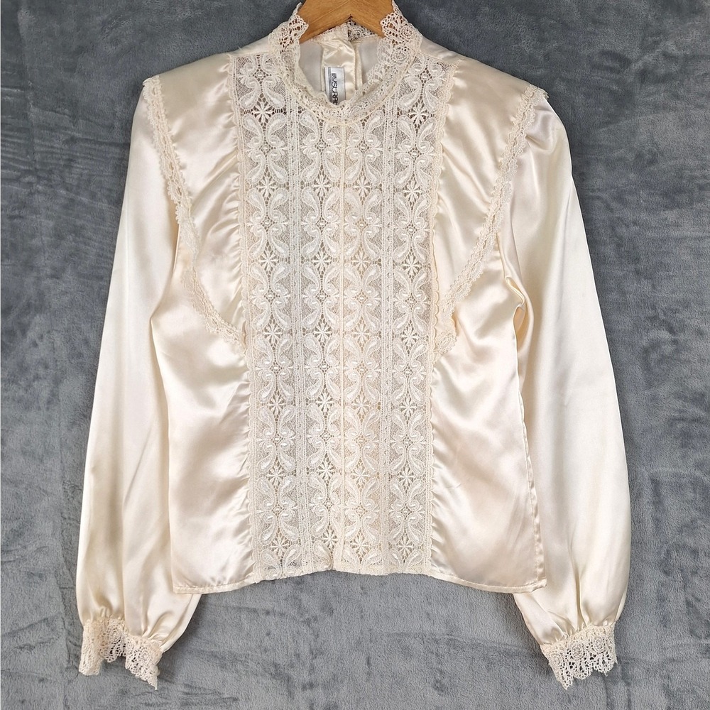 Vtg Womens Top Small Victorian Romantic Feminine Satin Lace‎ Prairie Cottagecore